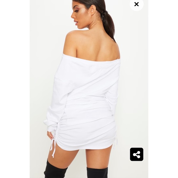 Pretty Little Thing, White Bardot Ruched Side Sweat Sweatshirt Dress, Si… - Picture 3 of 8